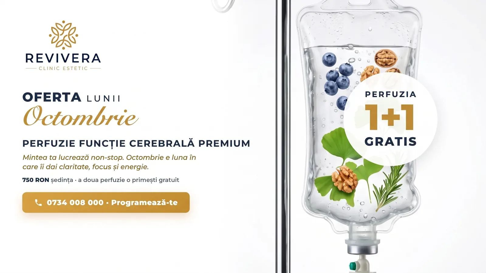 Oferta lunii octombrie — Perfuzie Funcție Cerebrală Premium, 1+1 gratis la Revivera Clinic