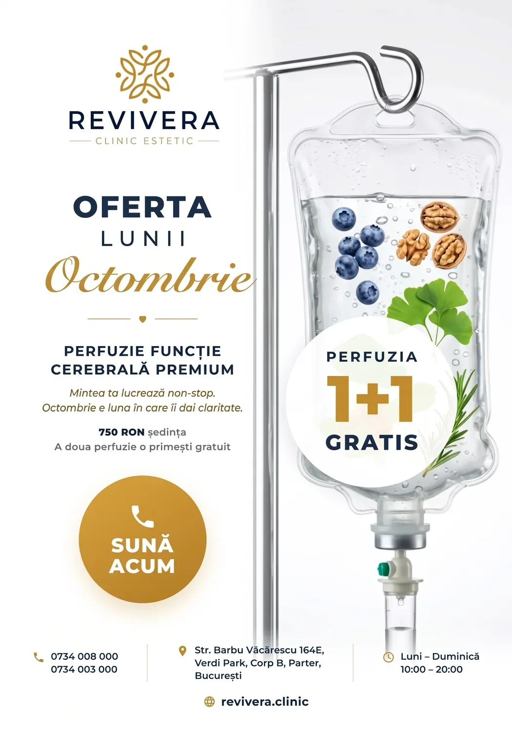 Oferta lunii octombrie — Perfuzie Funcție Cerebrală Premium, 1+1 gratis la Revivera Clinic
