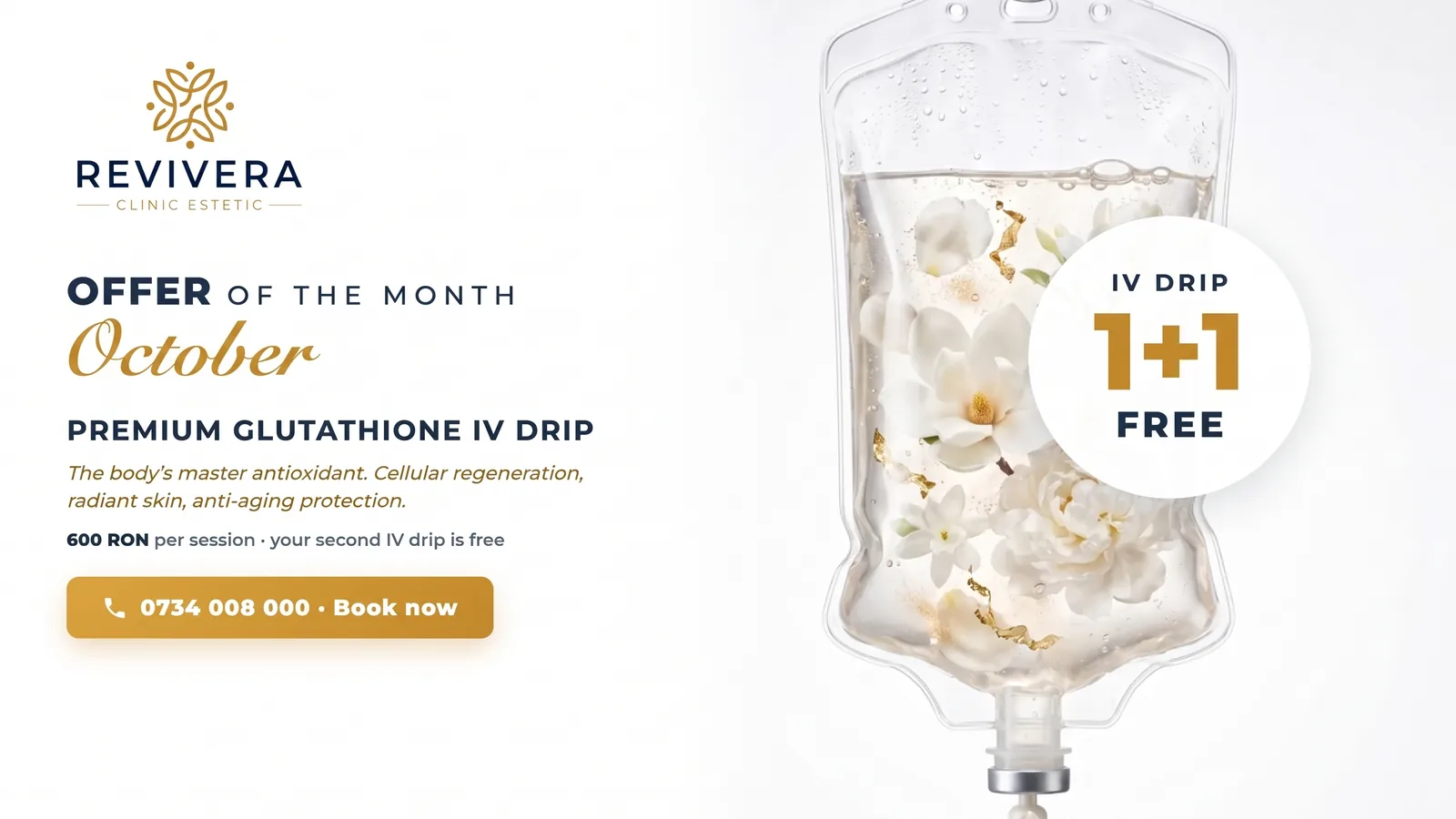 October offer — Premium Glutathione IV, 1+1 free at Revivera Clinic