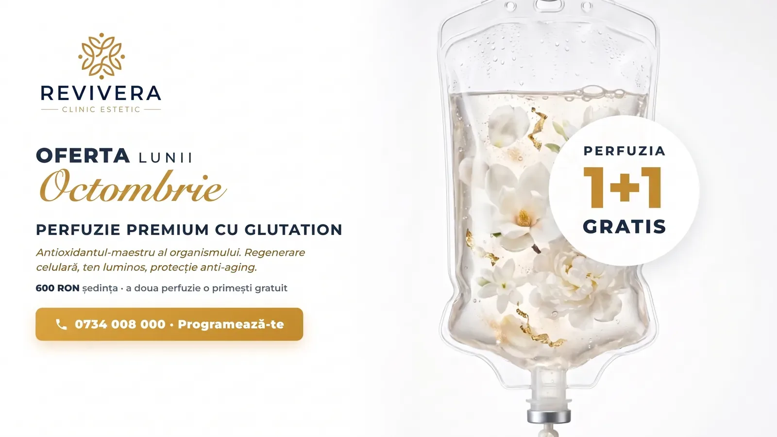 Oferta lunii octombrie — Perfuzie Premium cu Glutation, 1+1 gratis la Revivera Clinic