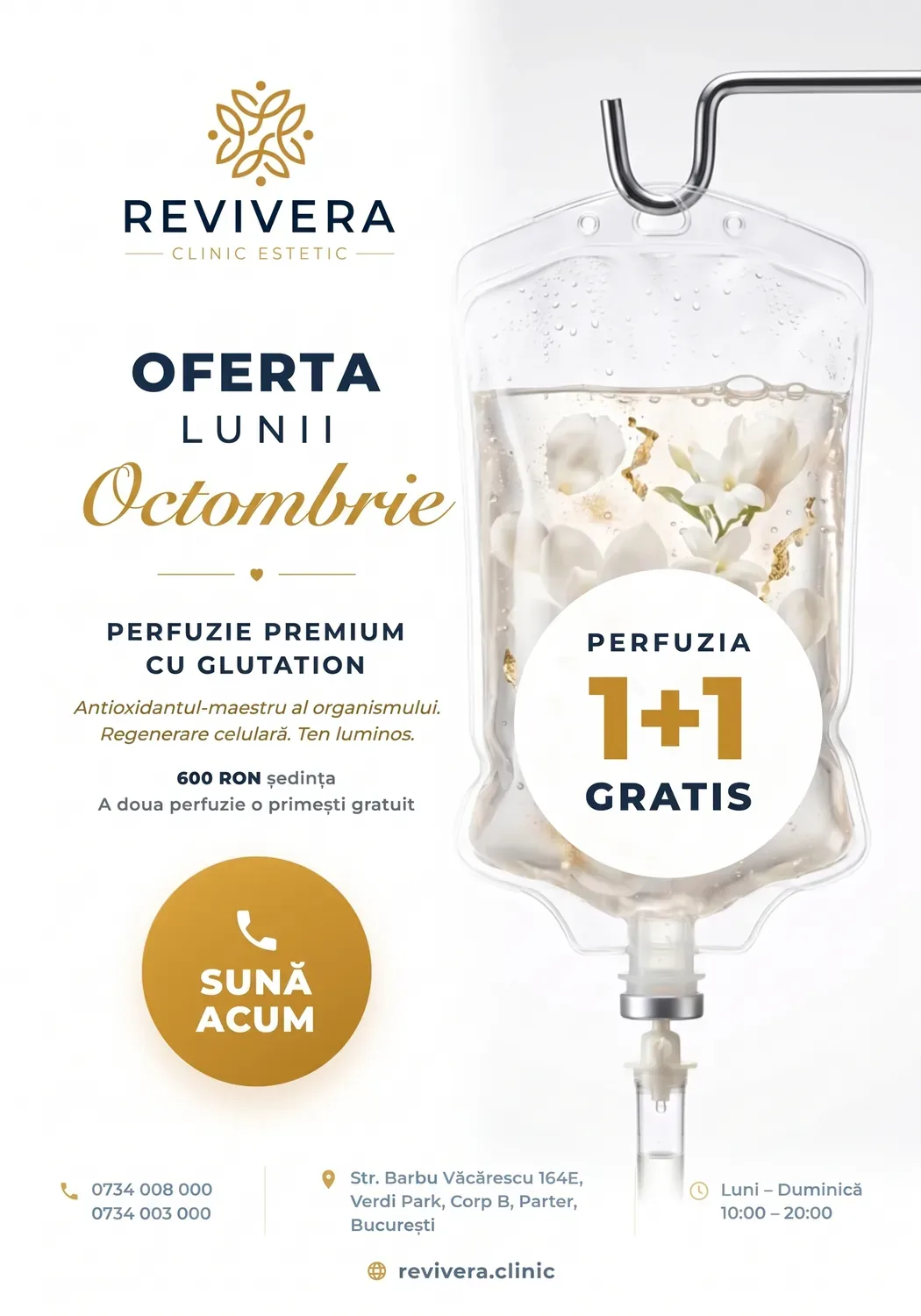 Oferta lunii octombrie — Perfuzie Premium cu Glutation, 1+1 gratis la Revivera Clinic