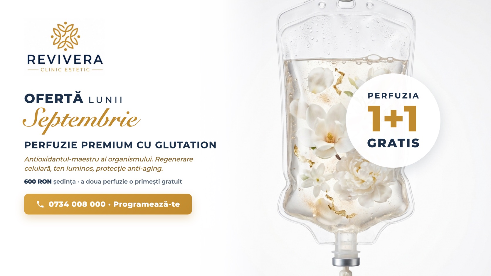 Oferta lunii septembrie — Perfuzie Premium cu Glutation, 1+1 gratis la Revivera Clinic