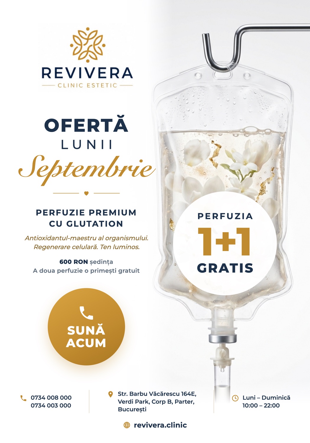 Oferta lunii septembrie — Perfuzie Premium cu Glutation, 1+1 gratis la Revivera Clinic