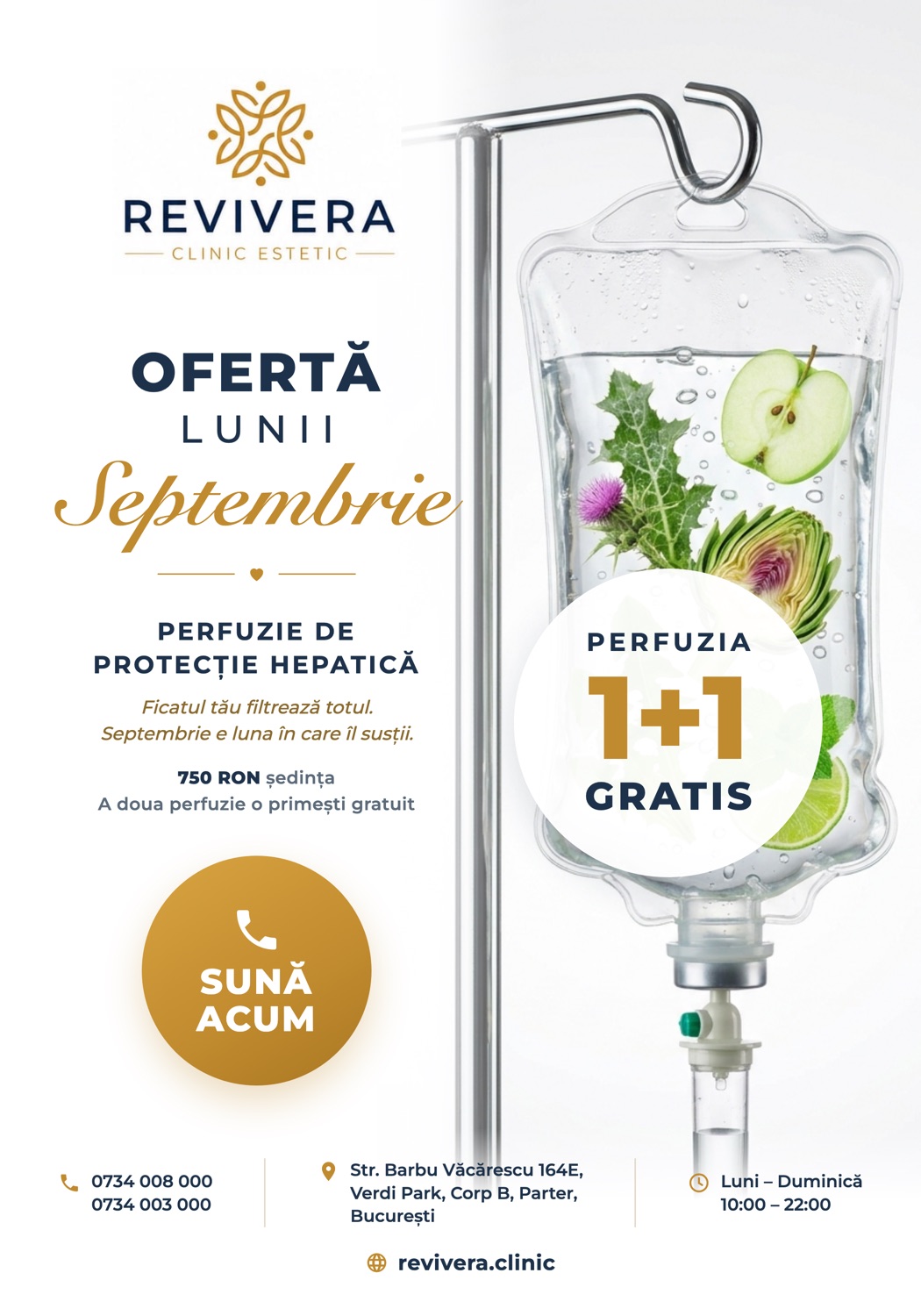 Oferta lunii septembrie — Perfuzie de Protecție Hepatică, 1+1 gratis la Revivera Clinic